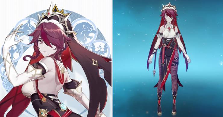 Rosario genshin impact art card and in game side by side
